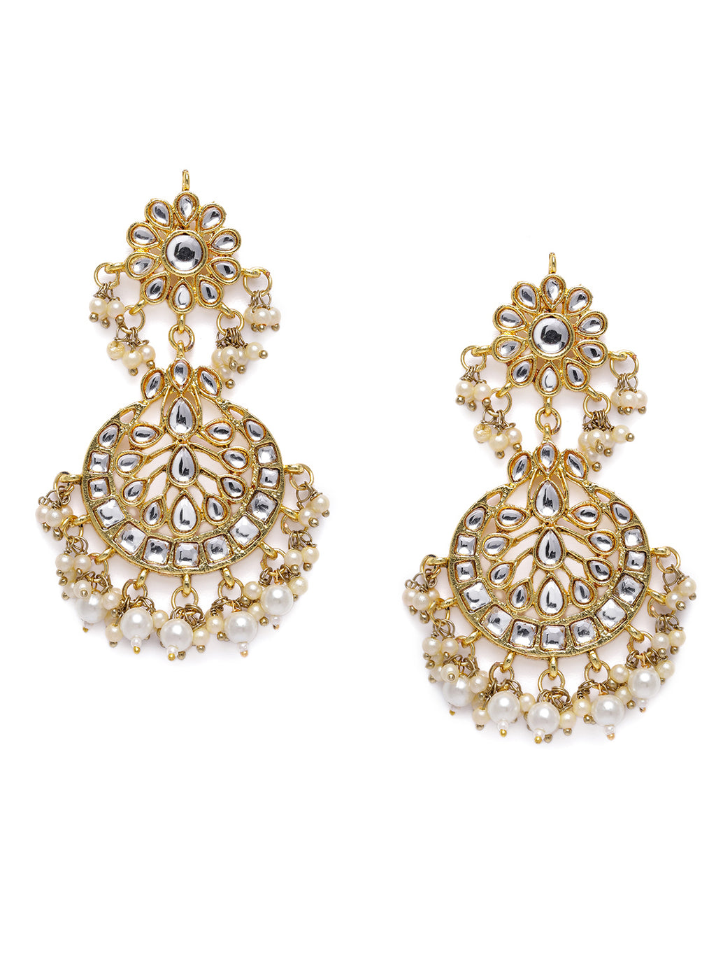 Regal Gold-Plated Kundan Floral & Circular Statement Drop Earrings
