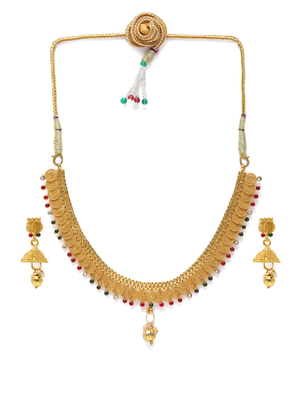 Regal Gold-Plated Red & Green Stone-Studded Necklace & Jhumki Set