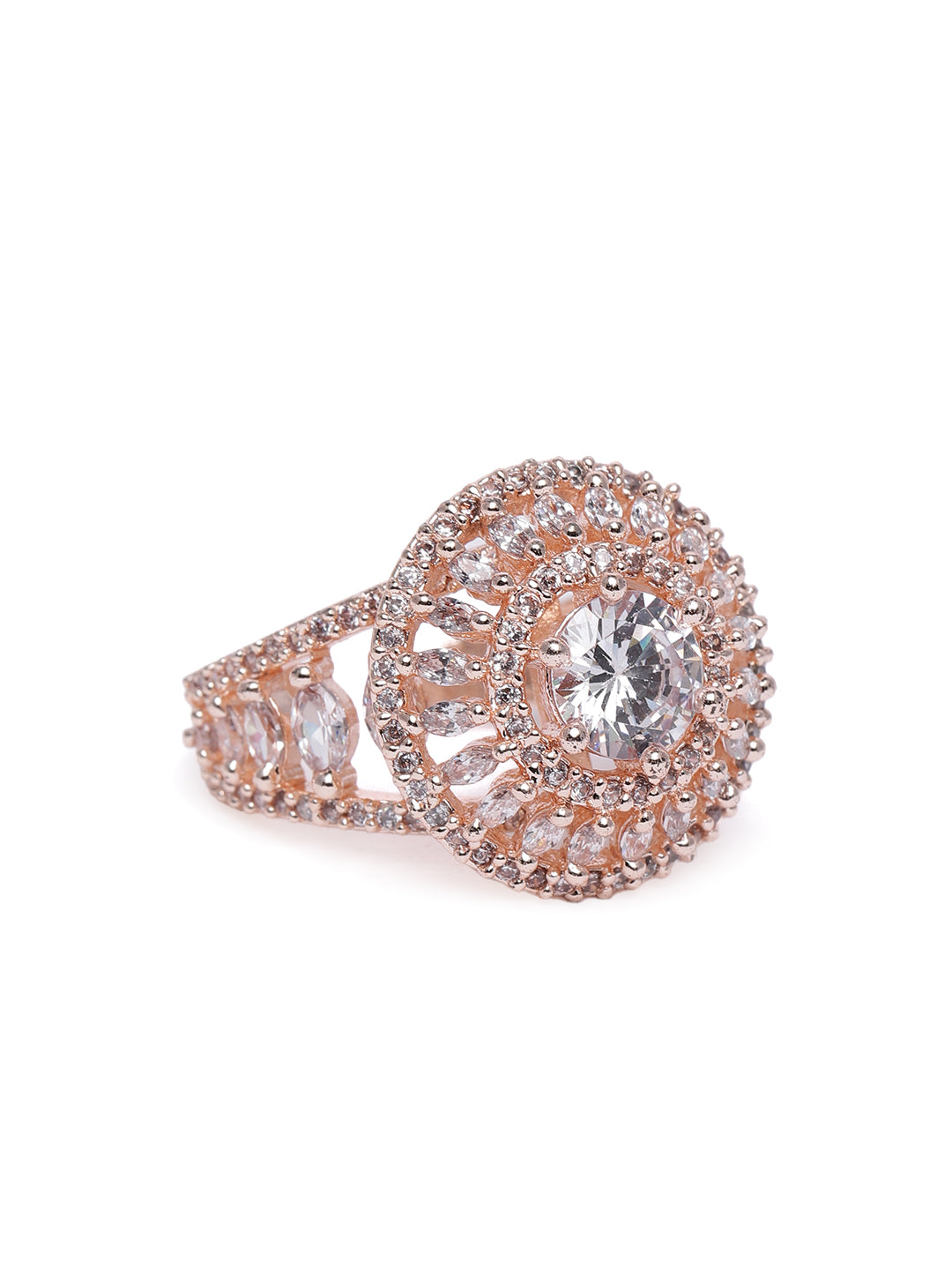 Regal Rose Gold-Plated American Diamond & CZ Statement Ring