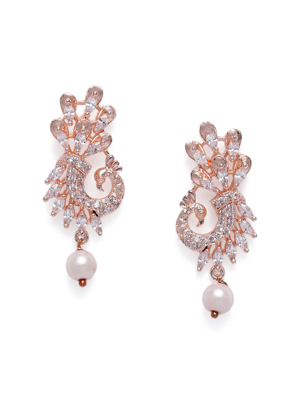 Elegant Rose Gold-Plated CZ Peacock Inspired Infinity Drop Earrings
