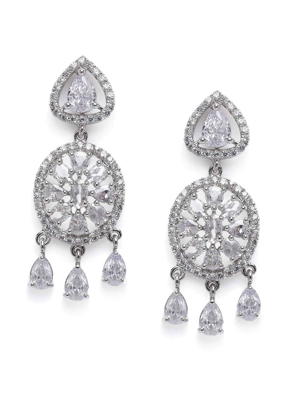 Glamorous Silver-Plated American Diamond CZ Circular Drop Earrings