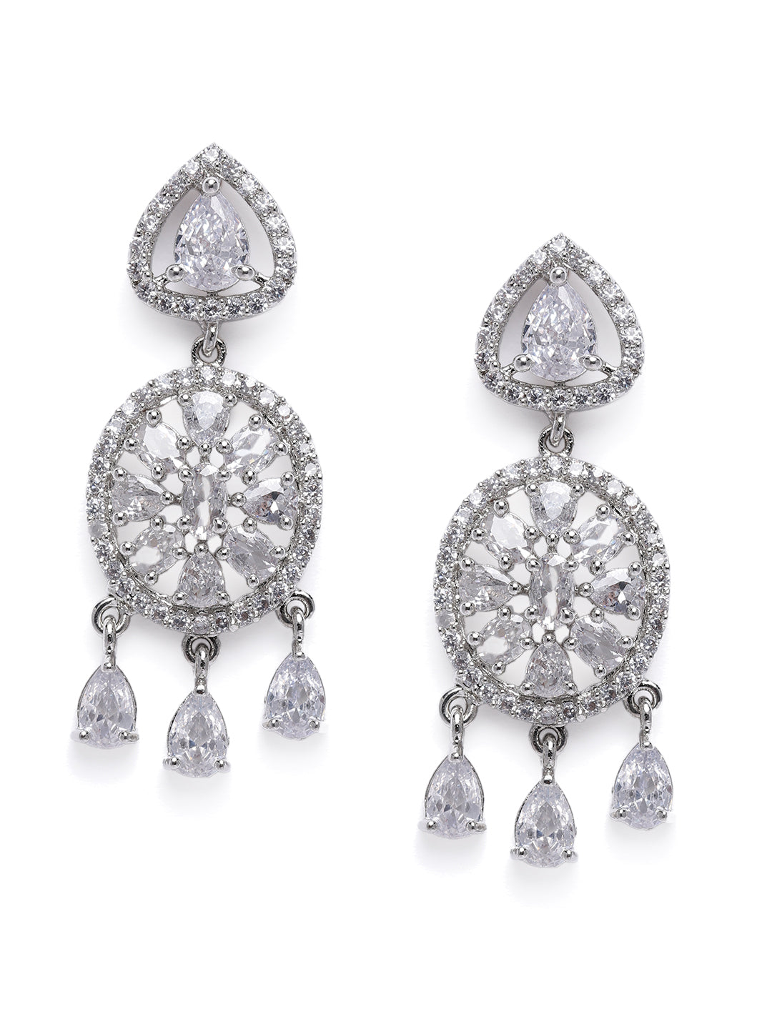Glamorous Silver-Plated American Diamond CZ Circular Drop Earrings