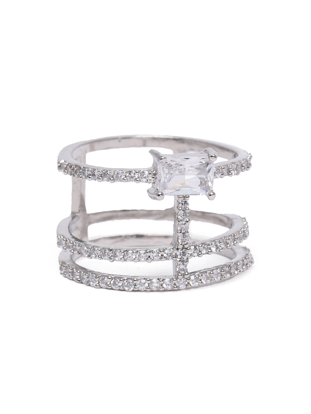Sleek Silver-Plated American Diamond & CZ Multi-Band Emerald-Cut Statement Ring