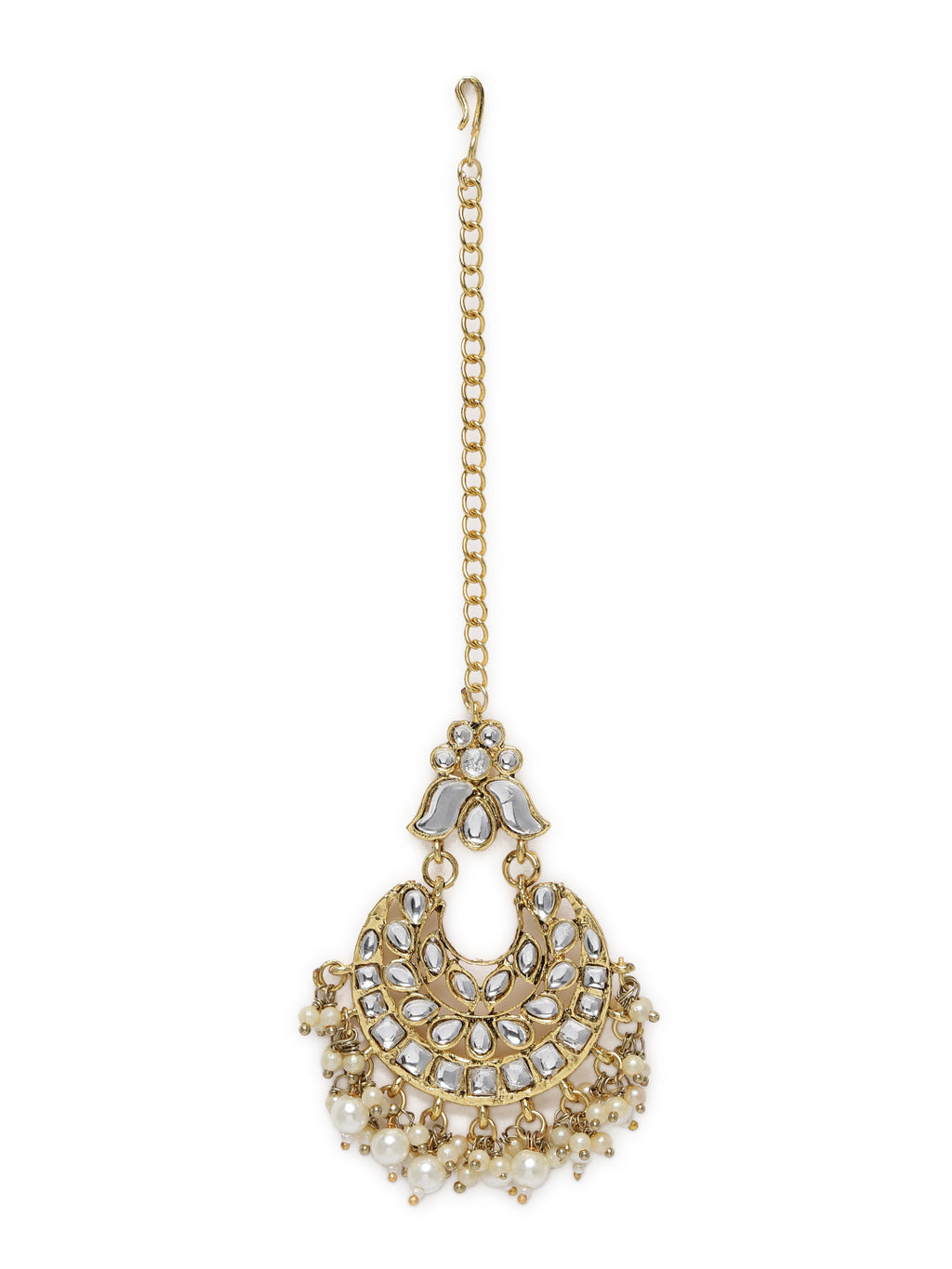 Regal Gold-Plated Kundan & Pearl Crescent Chandbali Maang Tikka