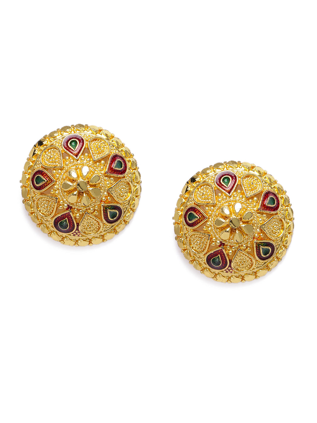 Regal Gold-Plated Maroon Meenakari Circular Stud Earrings