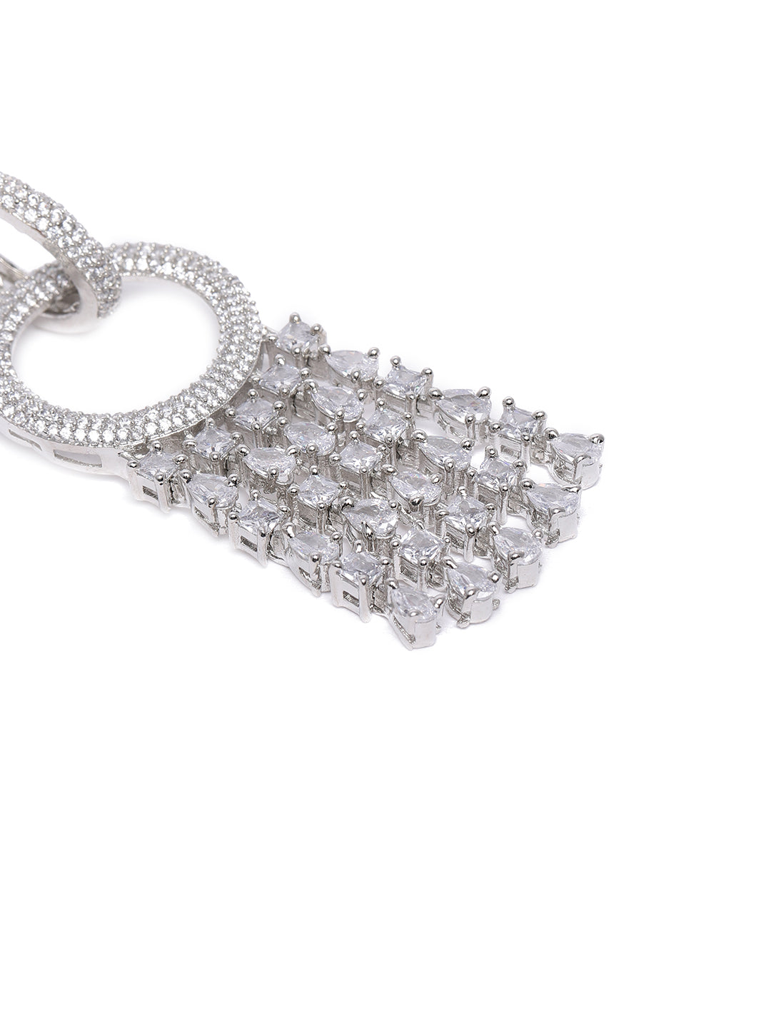Glamorous Silver-Plated American Diamond CZ Linear Circular Drop Earrings