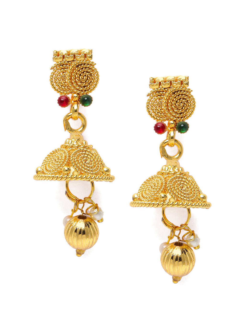 Regal Gold-Plated Red & Green Stone-Studded Necklace & Jhumki Set
