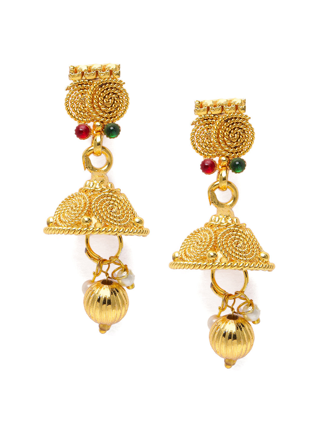 Regal Gold-Plated Red & Green Stone-Studded Necklace & Jhumki Set