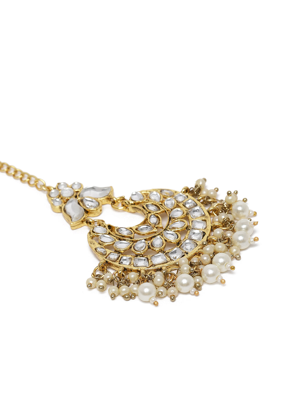 Regal Gold-Plated Kundan & Pearl Crescent Chandbali Maang Tikka