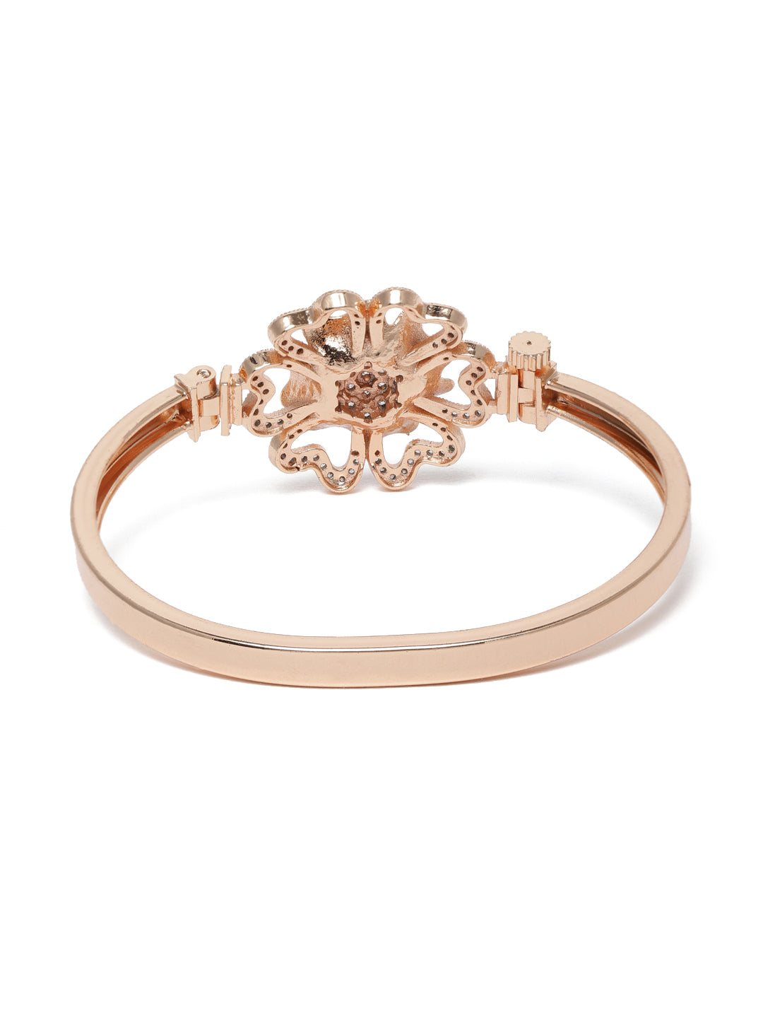 Elegant Rose Gold-Plated Brass Cubic Zirconia Statement Floral Bracelet