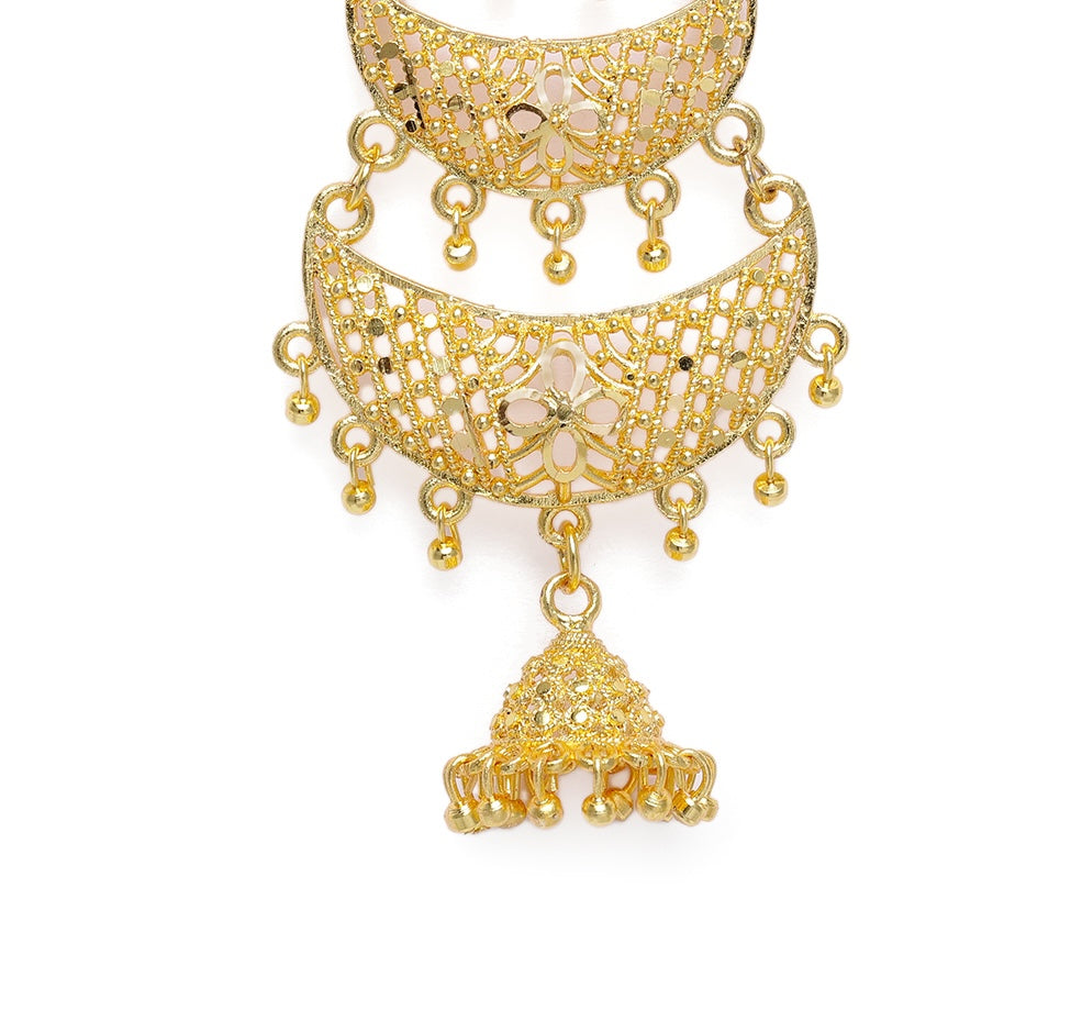 Regal Gold-Plated Multi-Tiered Crescent Chandbali Jhumka Earrings