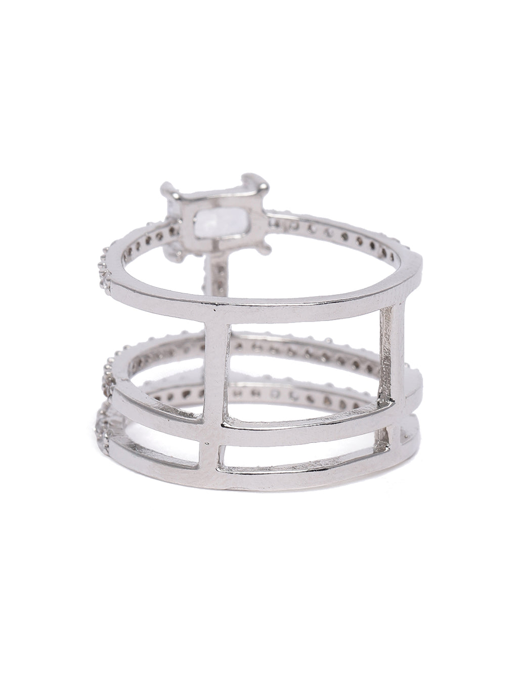 Sleek Silver-Plated American Diamond & CZ Multi-Band Emerald-Cut Statement Ring