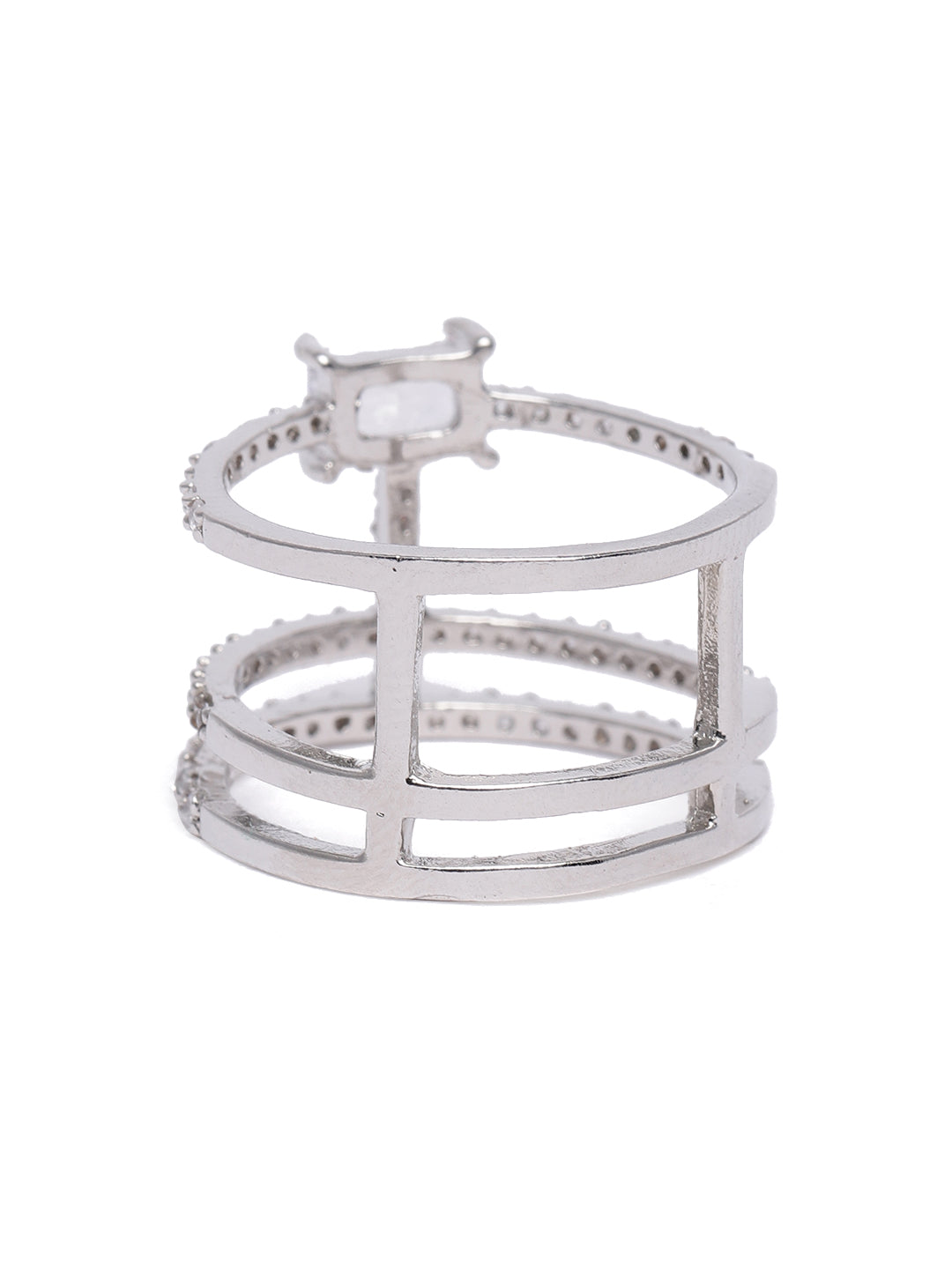 Sleek Silver-Plated American Diamond & CZ Multi-Band Emerald-Cut Statement Ring