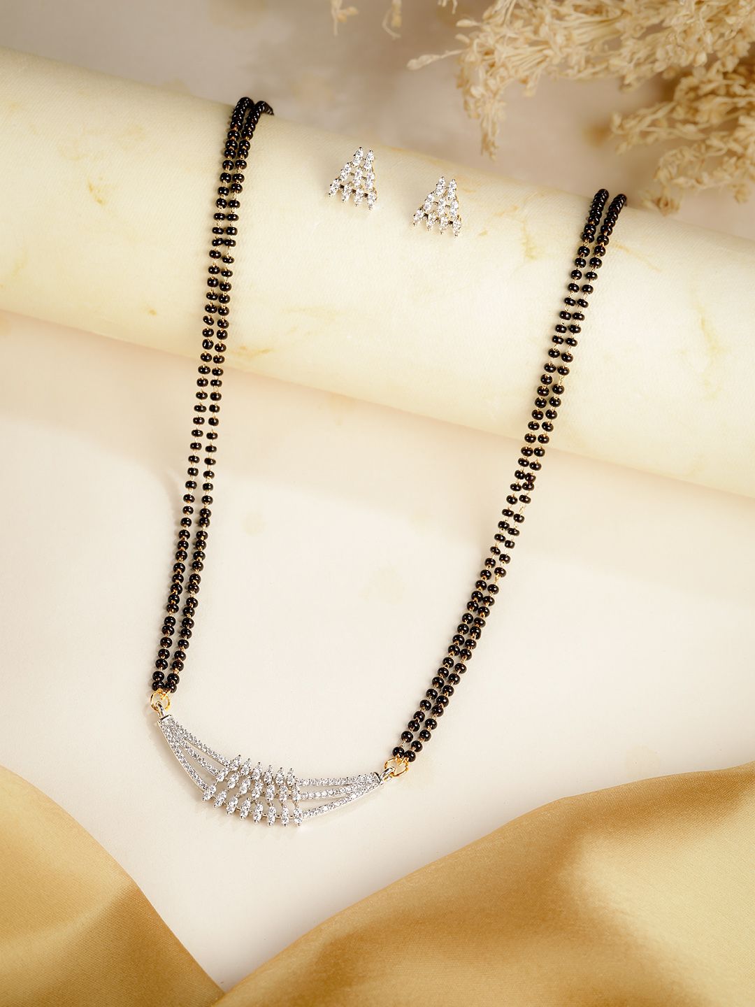 Sophisticated Rhodium-Plated Artificial Stone Mangalsutra & Studs Set