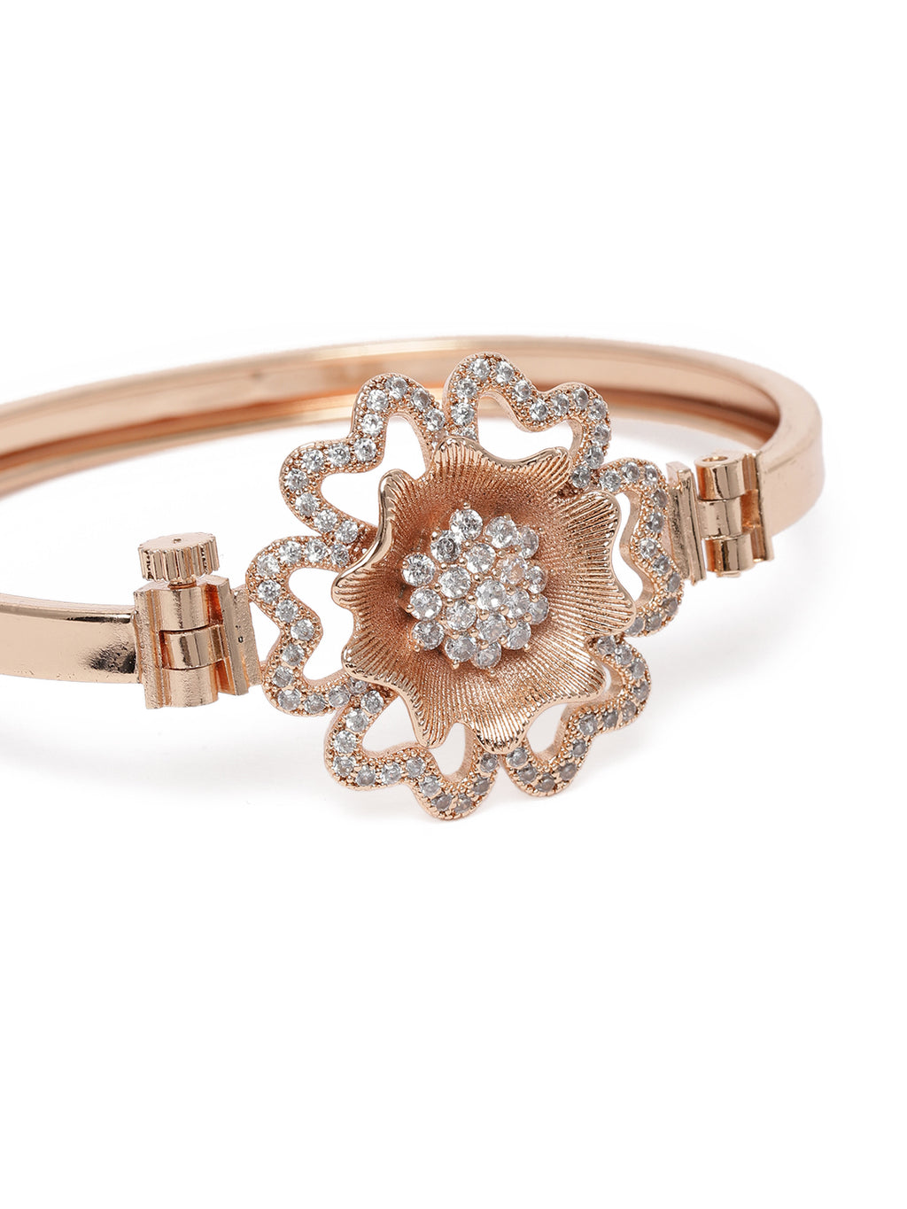 Elegant Rose Gold-Plated Brass Cubic Zirconia Statement Floral Bracelet