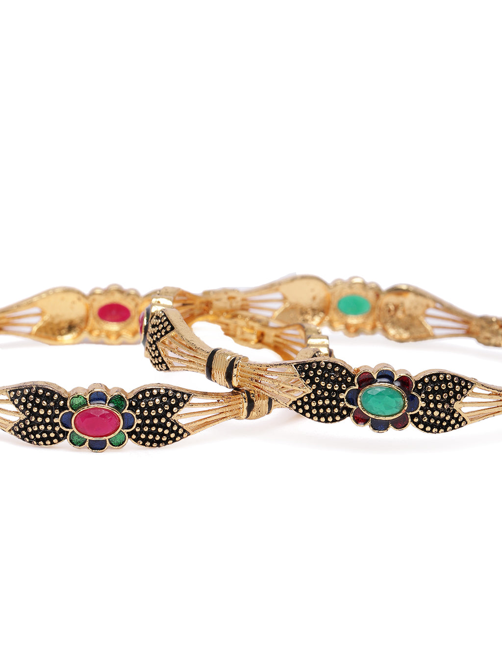 Exquisite Gold-Plated Ruby & Emerald Meenakari Statement Bangles (Set of 2)