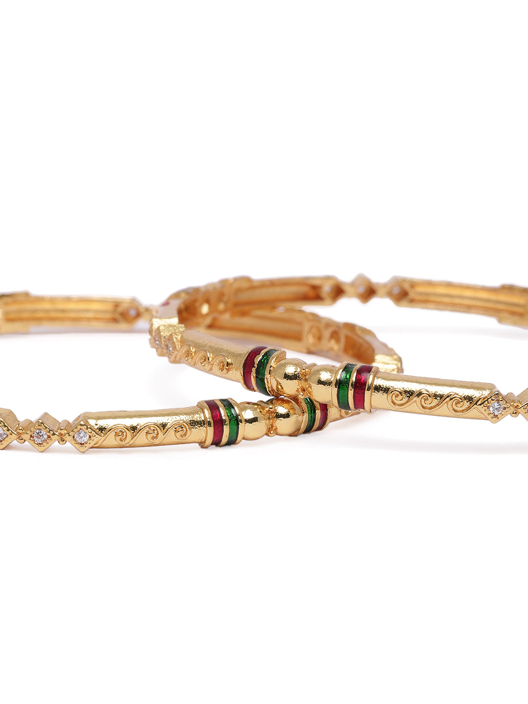 Sleek Gold-Plated CZ & Meenakari Accents Bangles (Set of 2)
