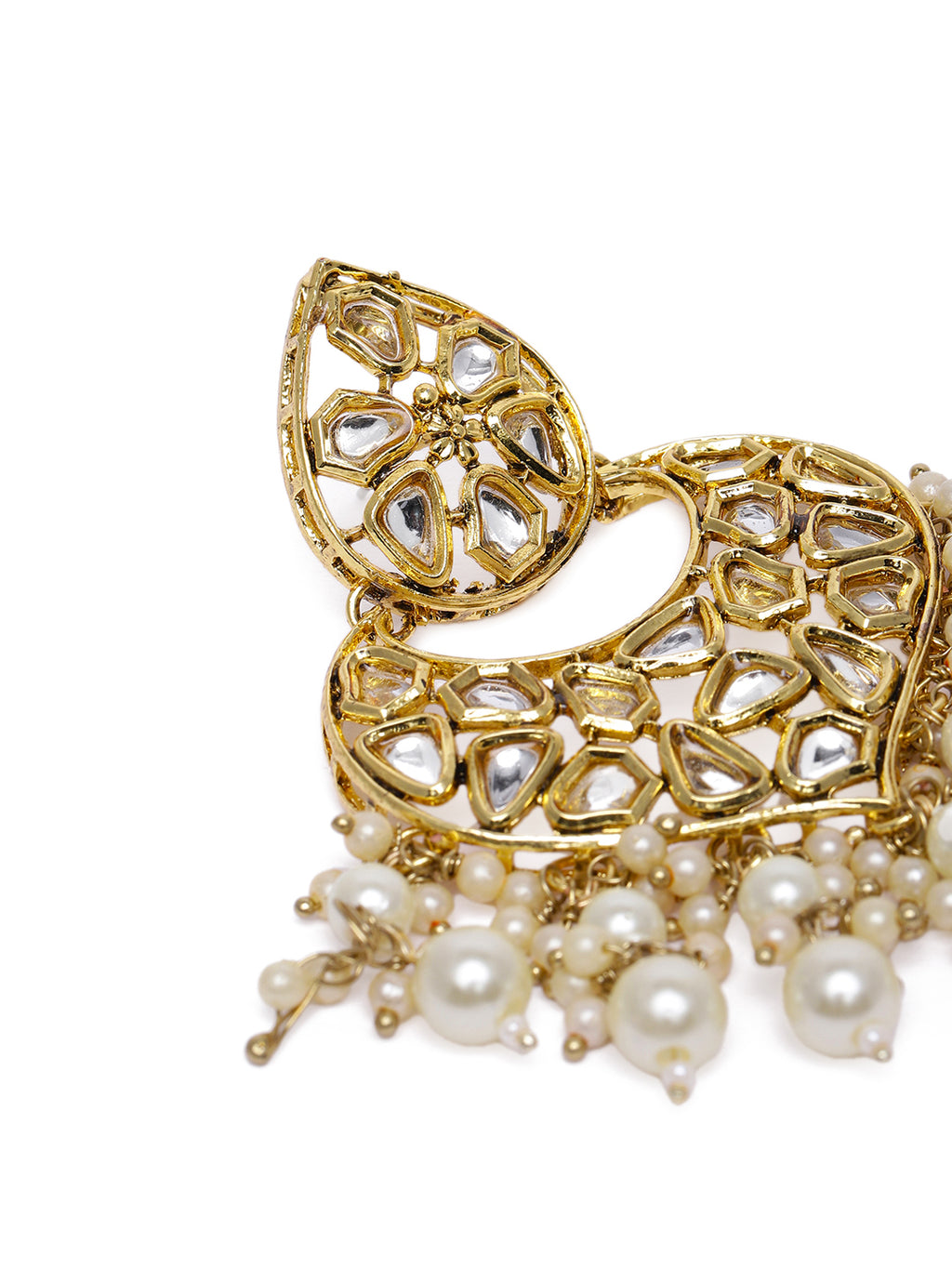 Regal Gold-Plated Kundan Crescent-Shaped Chandbali Earrings