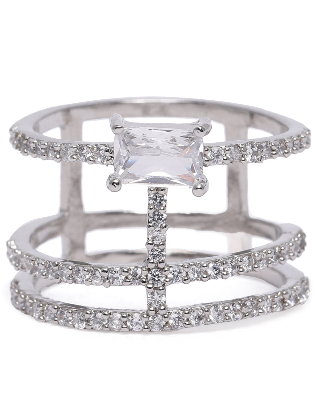 Sleek Silver-Plated American Diamond & CZ Multi-Band Emerald-Cut Statement Ring