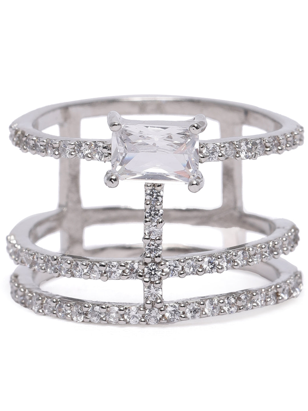 Sleek Silver-Plated American Diamond & CZ Multi-Band Emerald-Cut Statement Ring
