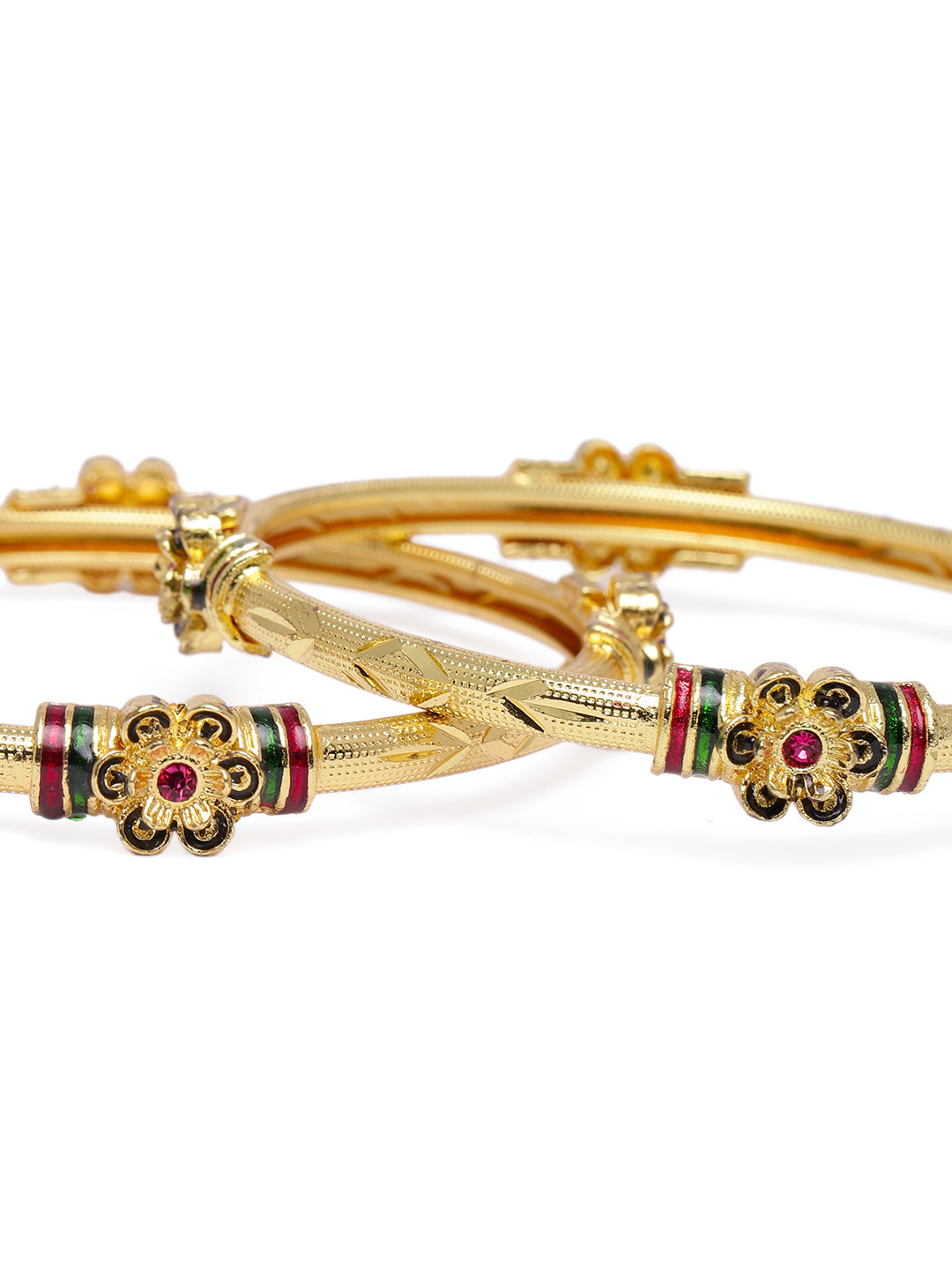 Elegant Gold-Plated Meenakari Floral Accent Bangles (Set of 2)
