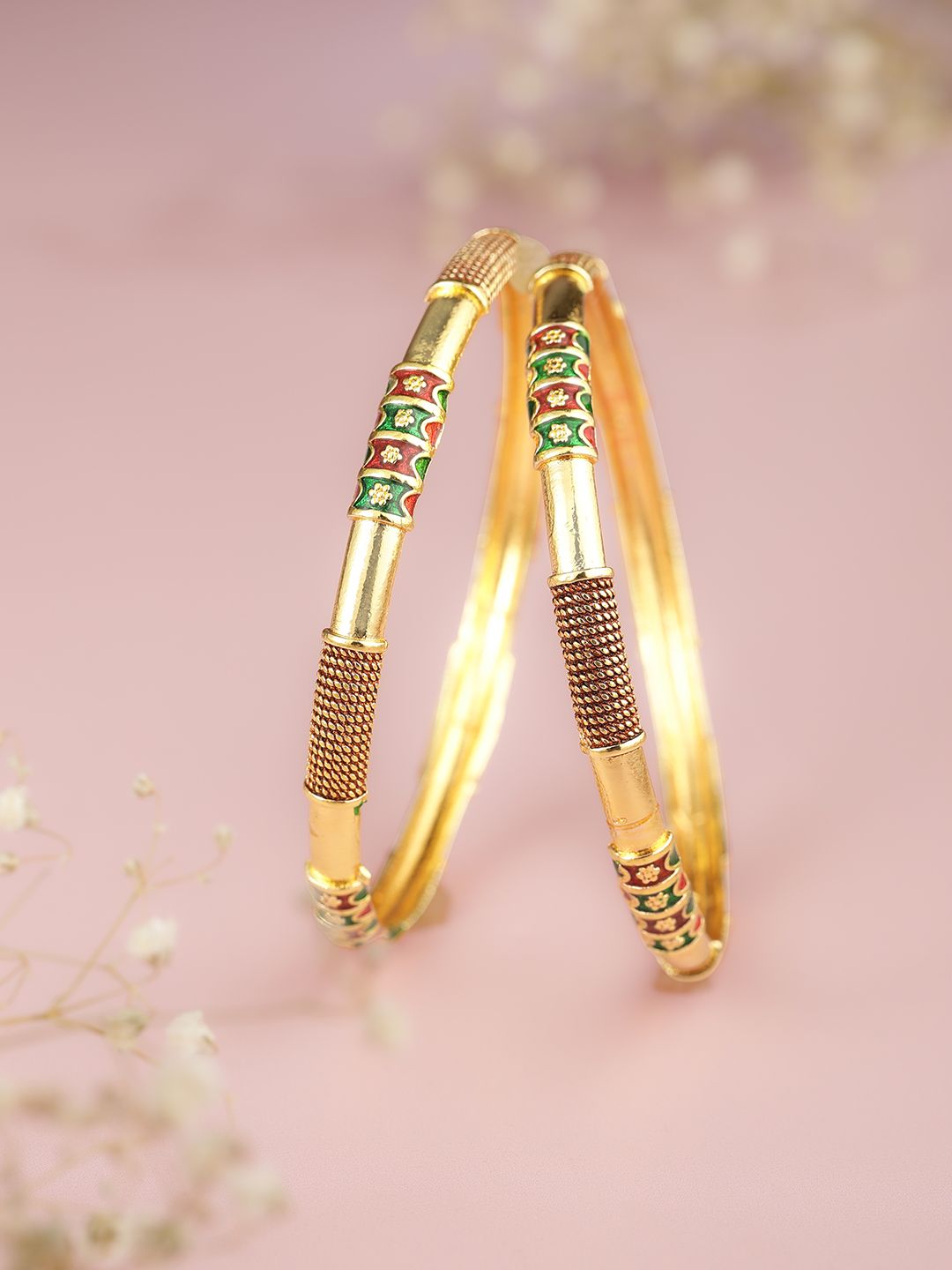 Sleek Gold-Plated Textured Meenakari Bangles (Set of 2)