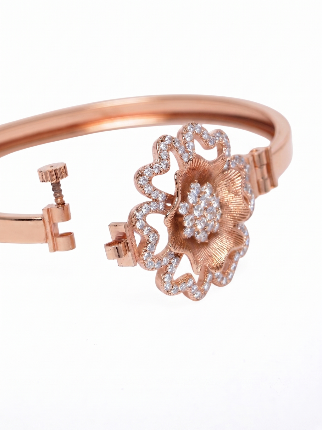 Elegant Rose Gold-Plated Brass Cubic Zirconia Statement Floral Bracelet