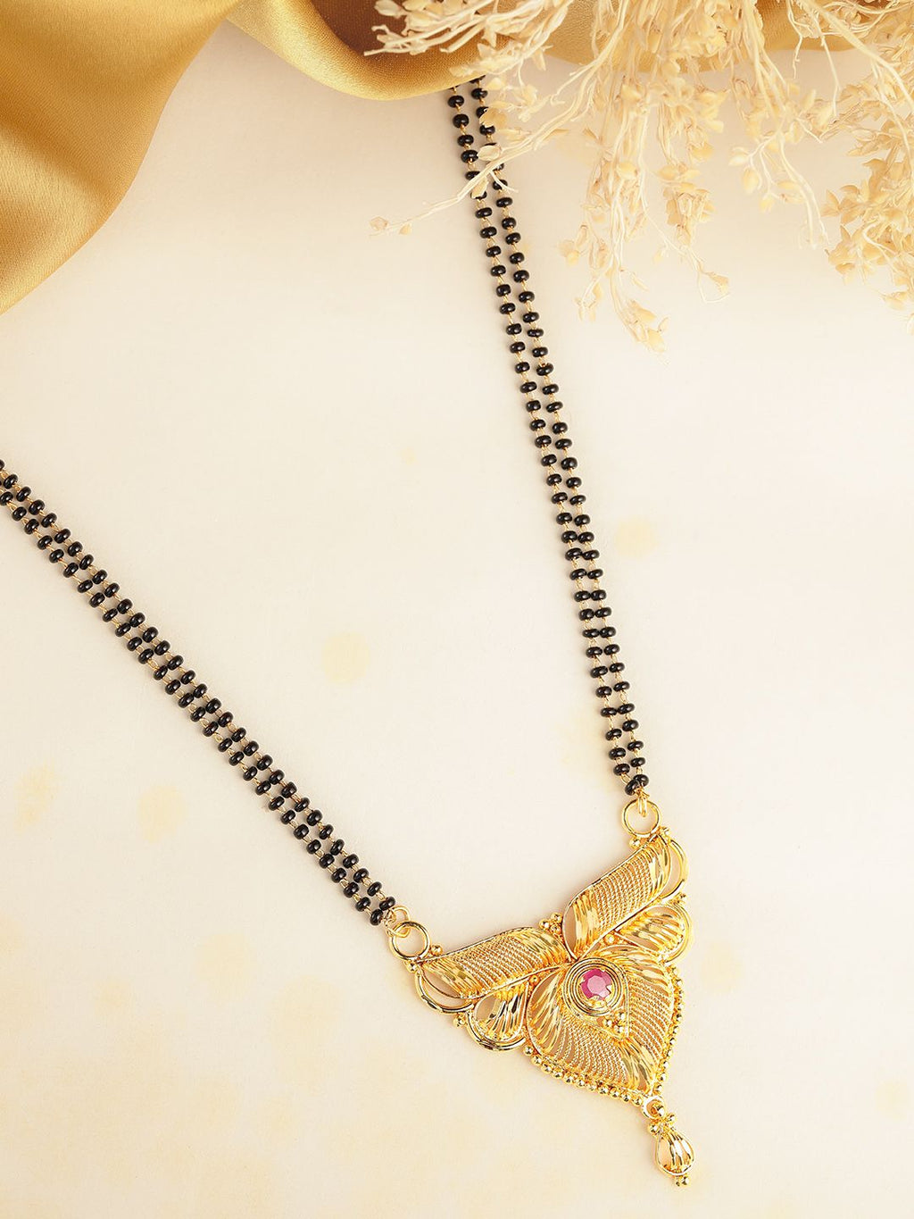 Regal Gold-Plated Cubic Zirconia & Ruby-Toned Stone Mangalsutra