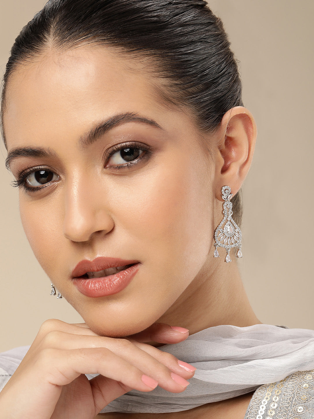 Glamorous Silver-Plated American Diamond CZ Leaf Drop Earrings