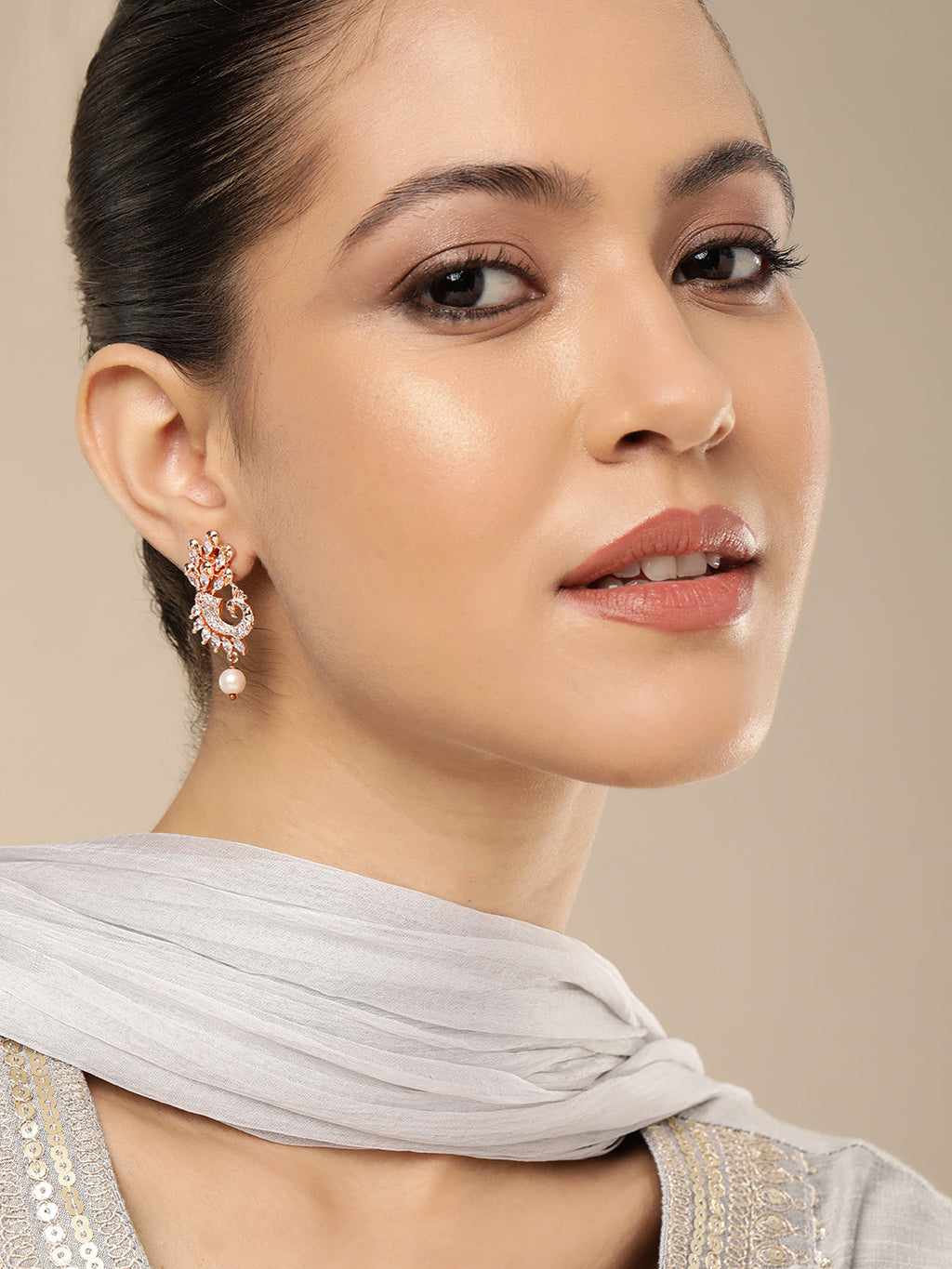 Elegant Rose Gold-Plated CZ Peacock Inspired Infinity Drop Earrings