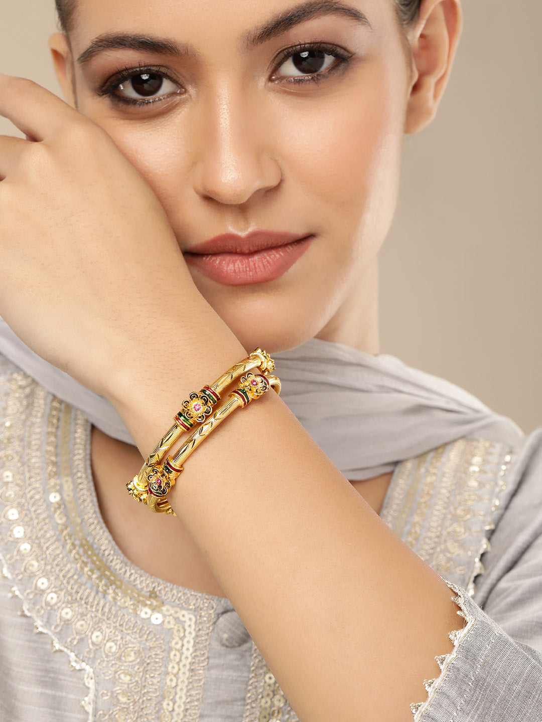 Elegant Gold-Plated Meenakari Floral Accent Bangles (Set of 2)