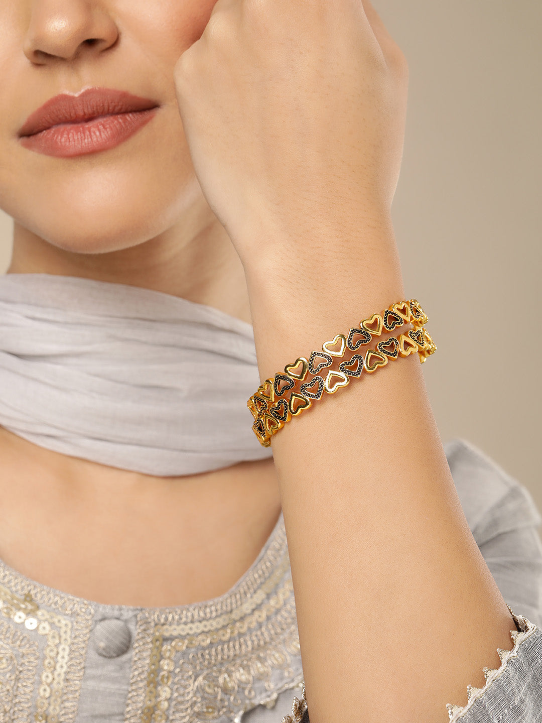Charming Gold-Plated Heart Filigree Meenakari Bangles (Set of 2)