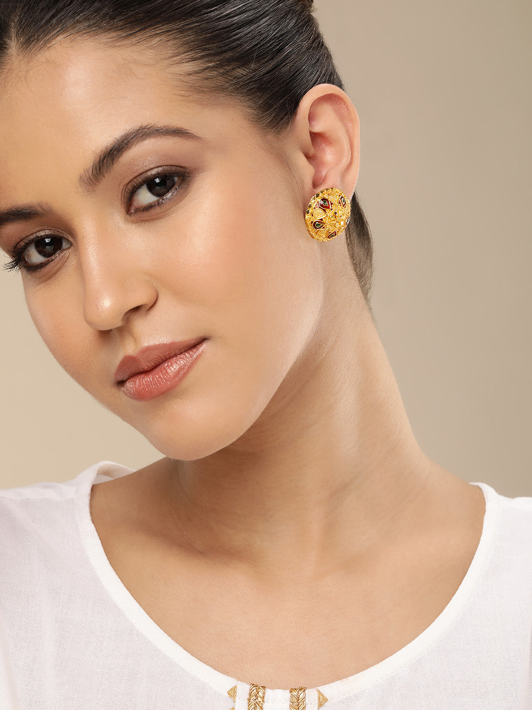 Regal Gold-Plated Maroon Meenakari Circular Stud Earrings