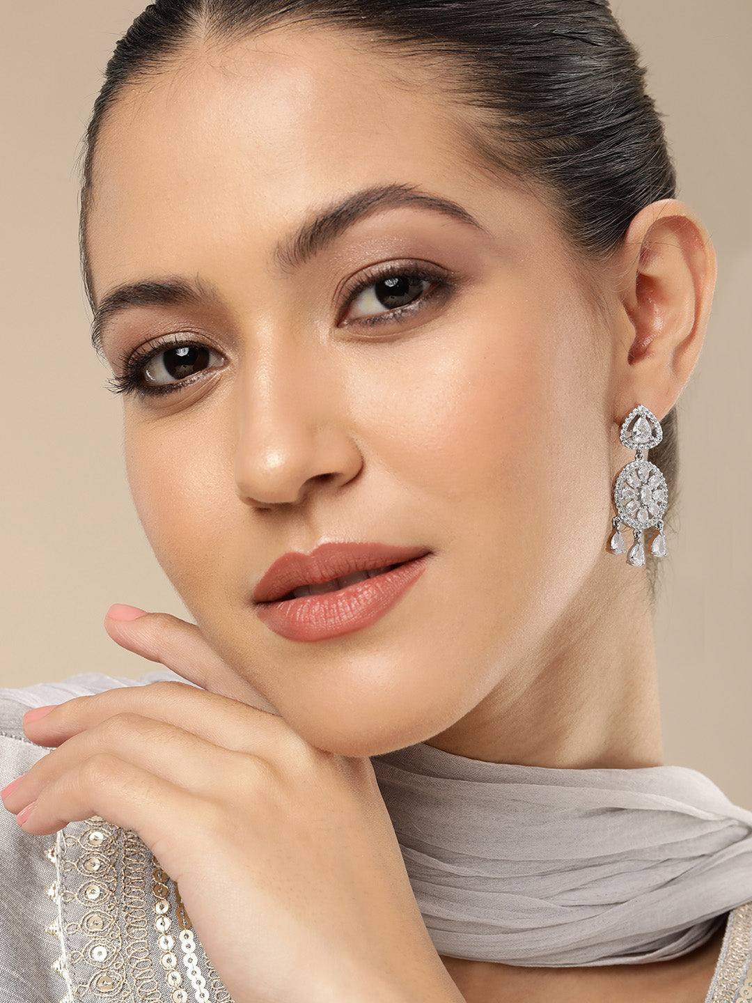 Glamorous Silver-Plated American Diamond CZ Circular Drop Earrings
