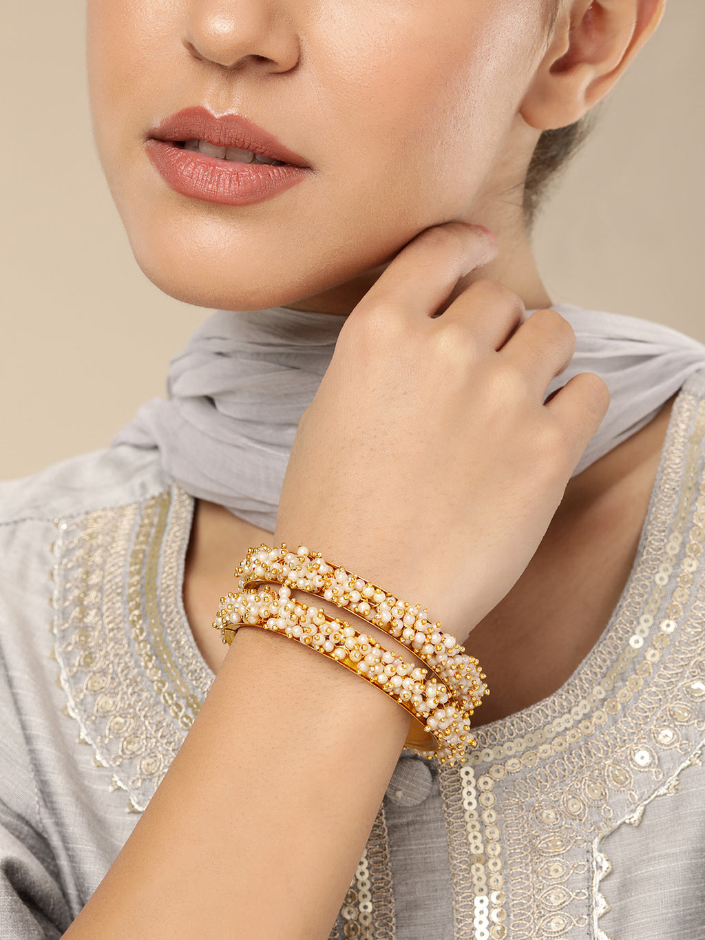 Elegant Gold-Plated Moti Pearl Cluster Bangles (Set of 2)