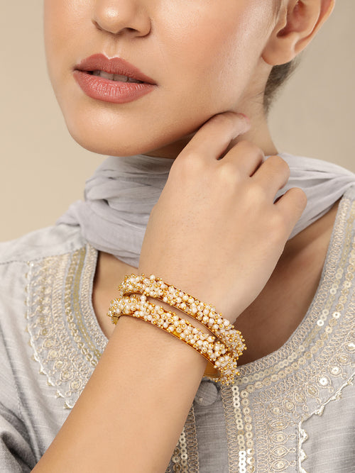 Elegant Gold-Plated Moti Pearl Cluster Bangles (Set of 2)