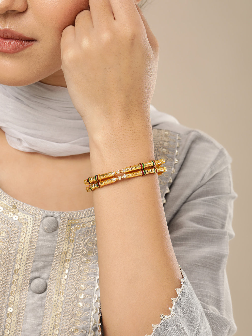 Sleek Gold-Plated CZ & Meenakari Accents Bangles (Set of 2)