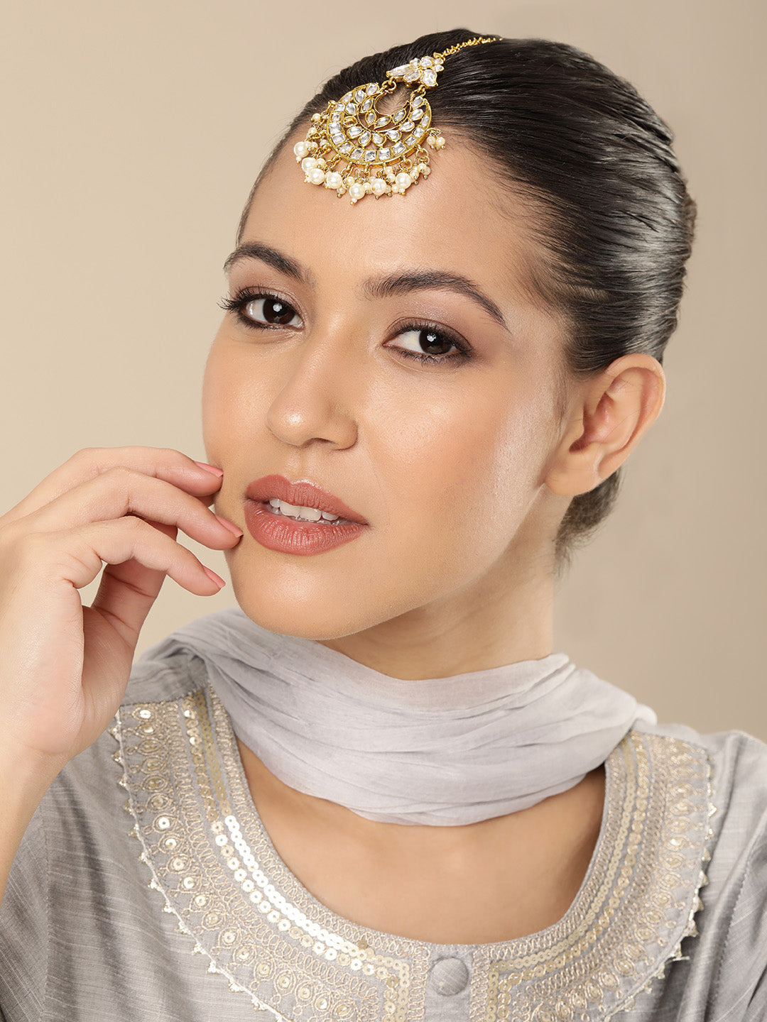 Regal Gold-Plated Kundan & Pearl Crescent Chandbali Maang Tikka