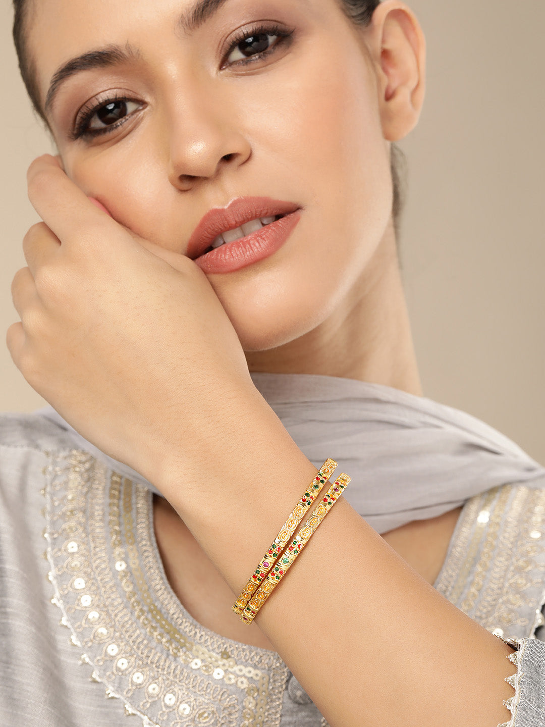 Sleek Gold-Plated Intricate Filigree Meenakari Bangles (Set of 2)