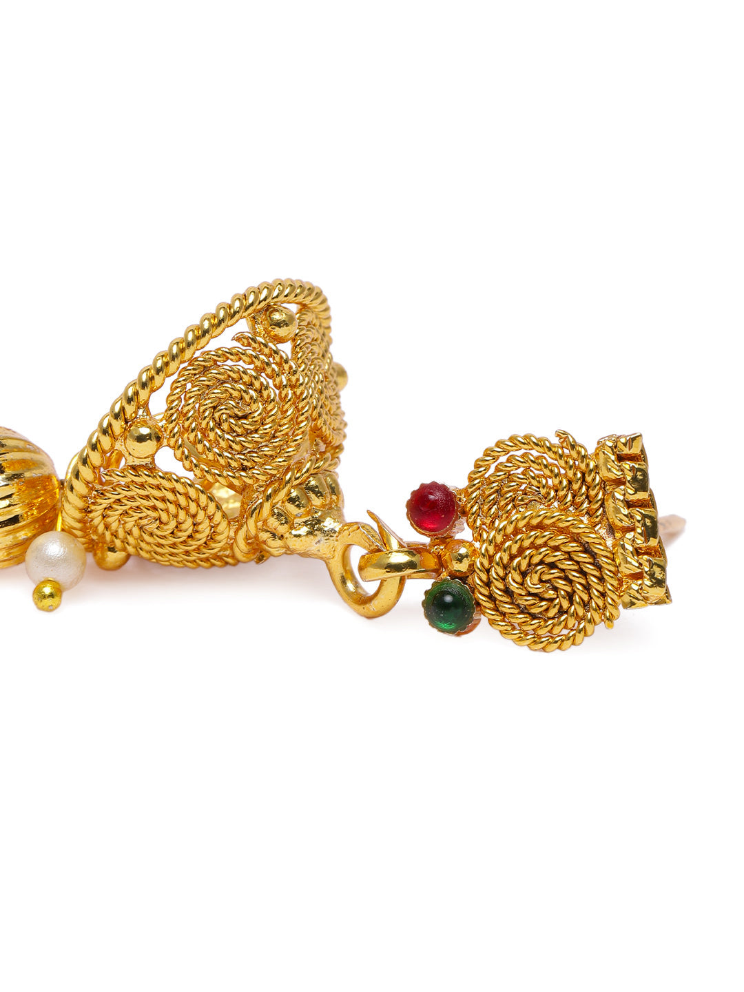 Regal Gold-Plated Red & Green Stone-Studded Necklace & Jhumki Set