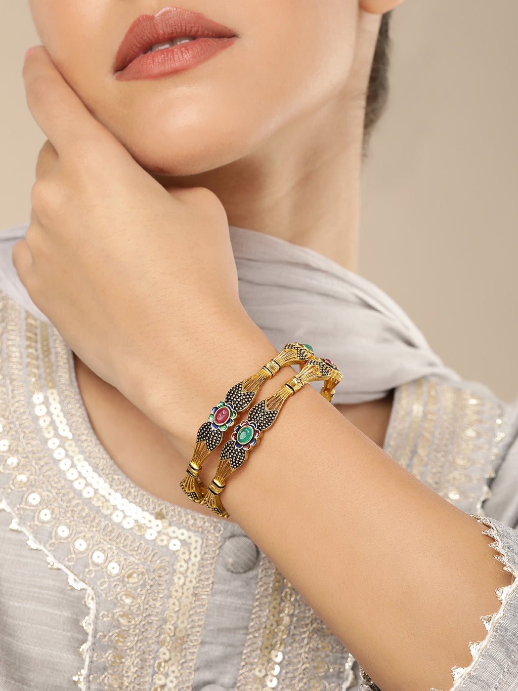 Exquisite Gold-Plated Ruby & Emerald Meenakari Statement Bangles (Set of 2)