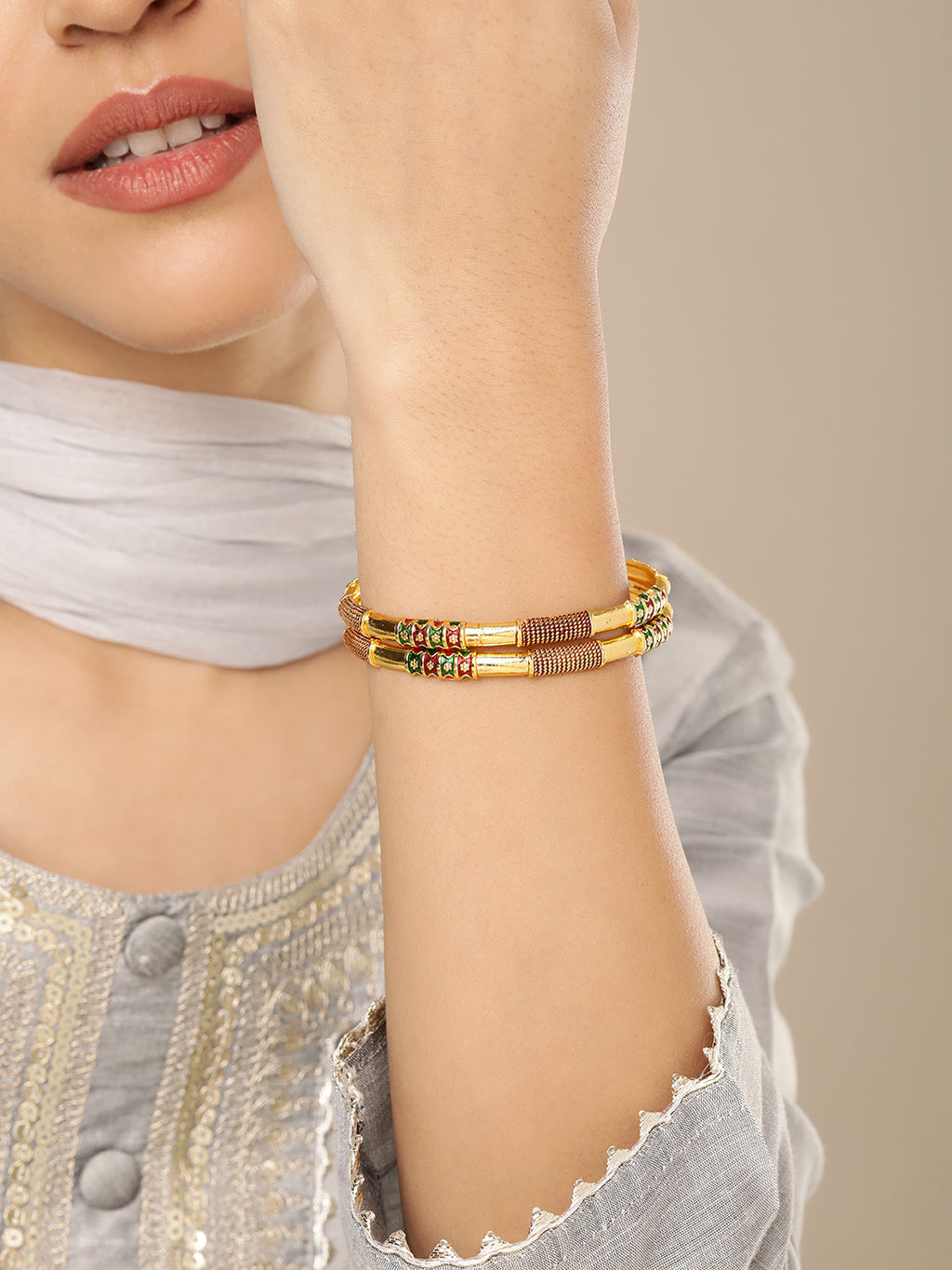 Sleek Gold-Plated Textured Meenakari Bangles (Set of 2)