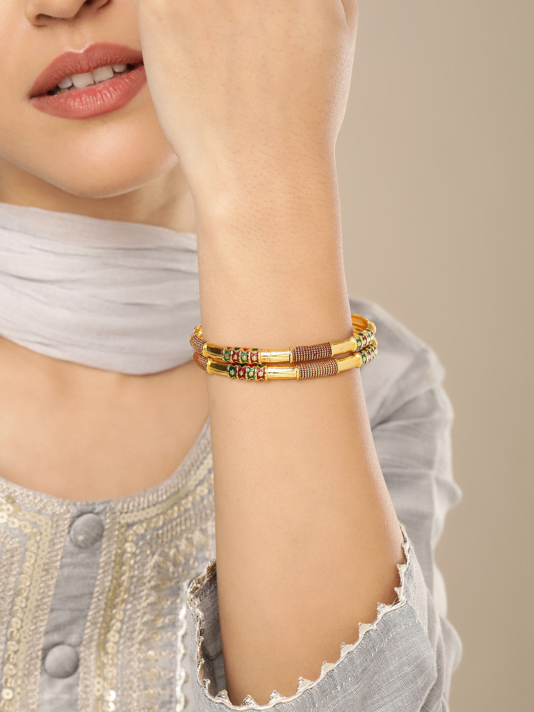 Sleek Gold-Plated Textured Meenakari Bangles (Set of 2)