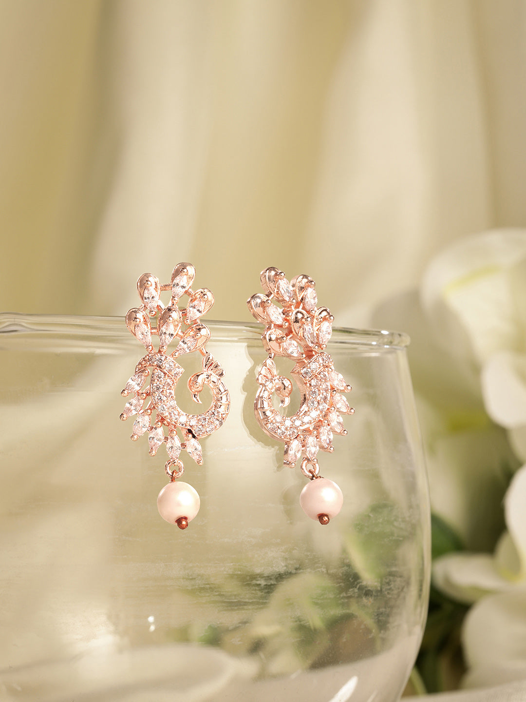 Elegant Rose Gold-Plated CZ Peacock Inspired Infinity Drop Earrings