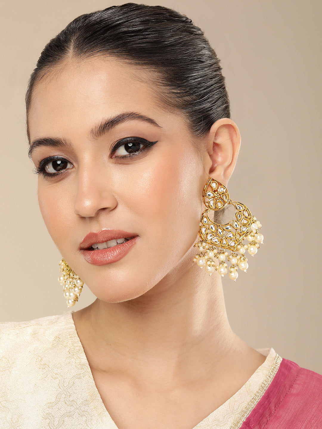 Regal Gold-Plated Kundan Crescent-Shaped Chandbali Earrings