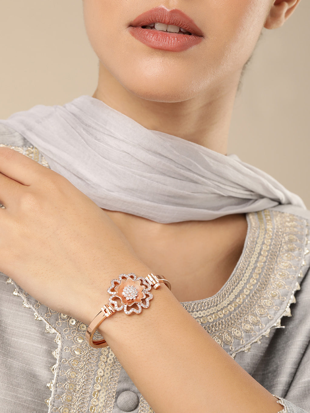 Elegant Rose Gold-Plated Brass Cubic Zirconia Statement Floral Bracelet