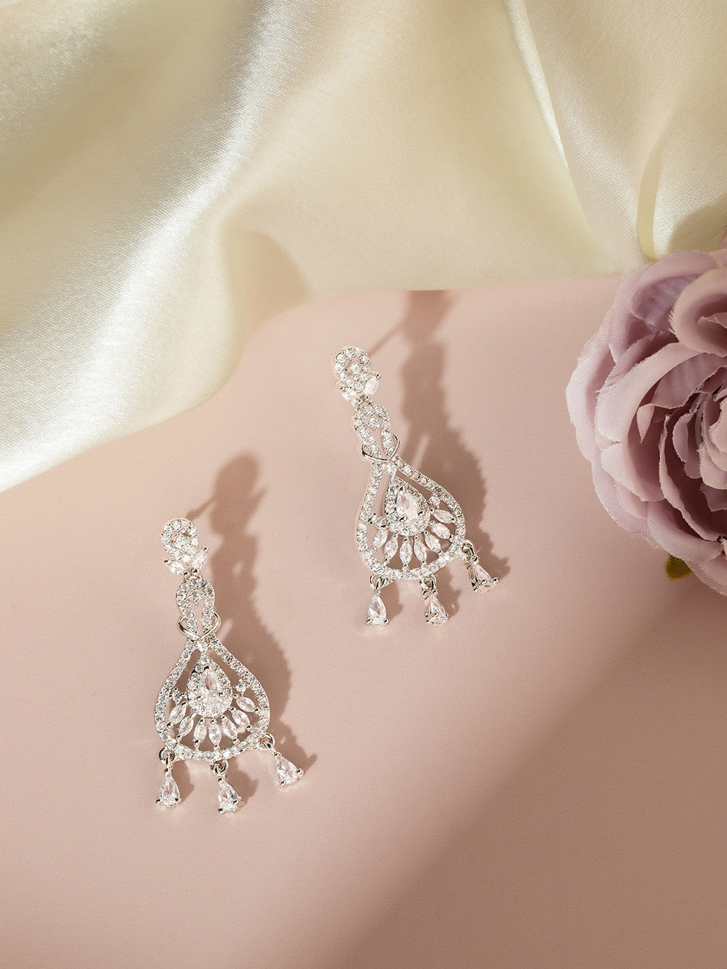 Glamorous Silver-Plated American Diamond CZ Leaf Drop Earrings