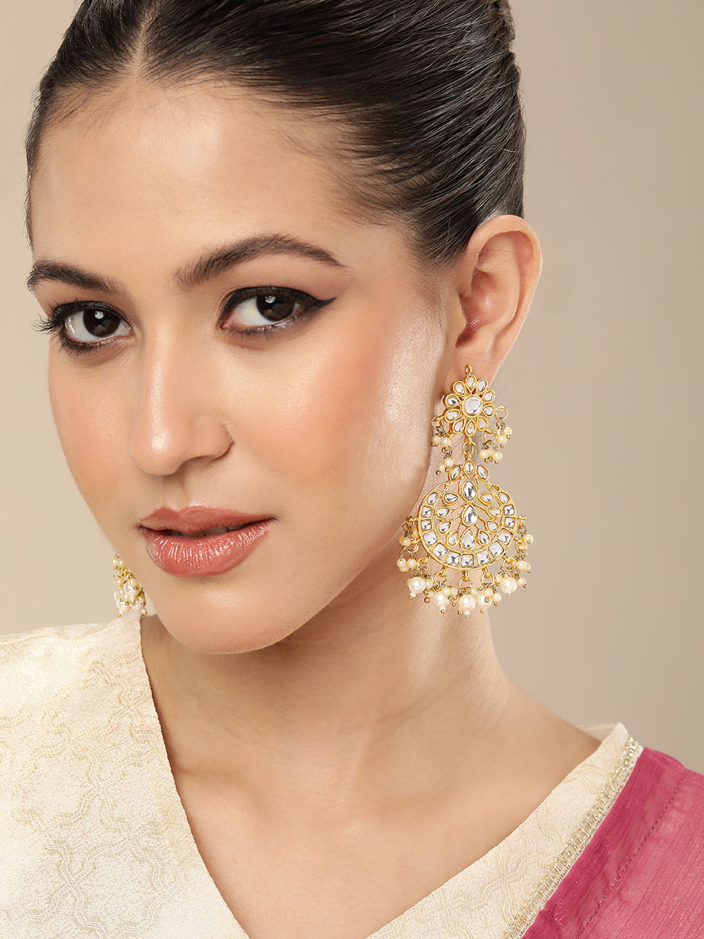 Regal Gold-Plated Kundan Floral & Circular Statement Drop Earrings