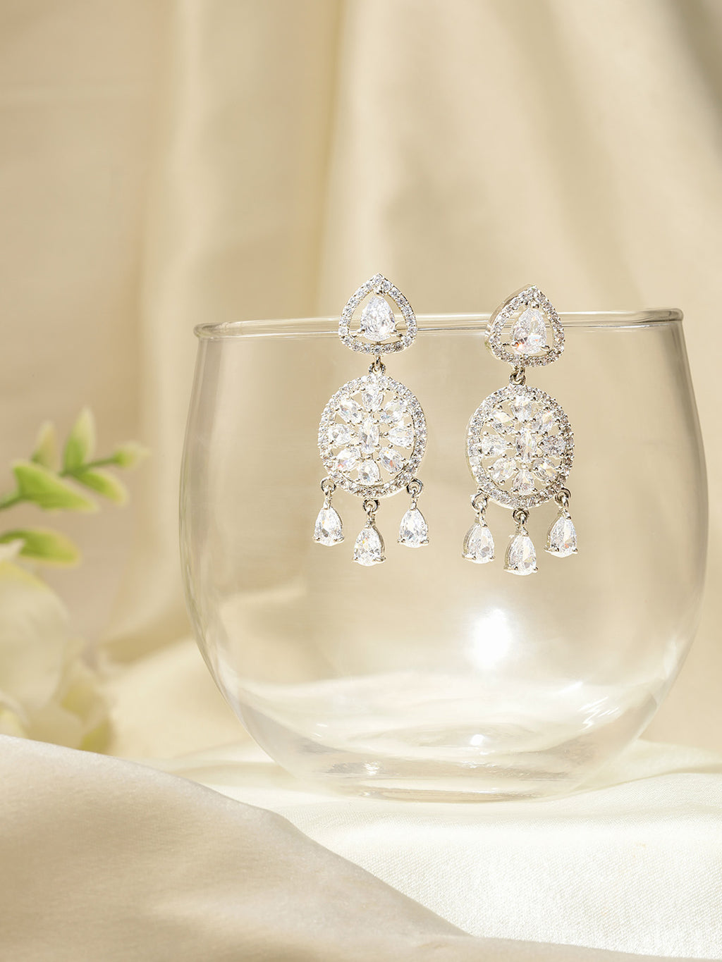 Glamorous Silver-Plated American Diamond CZ Circular Drop Earrings