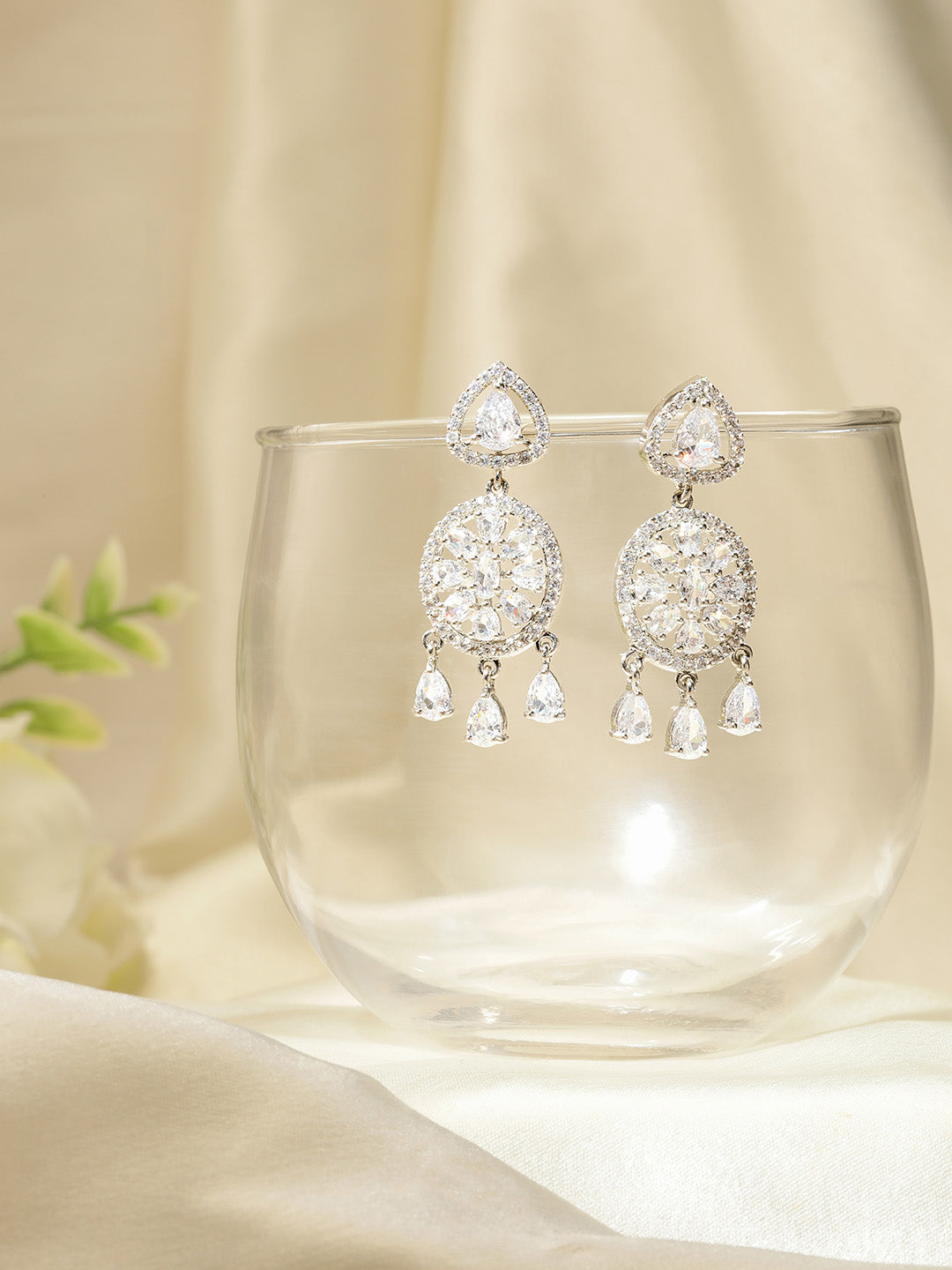 Glamorous Silver-Plated American Diamond CZ Circular Drop Earrings